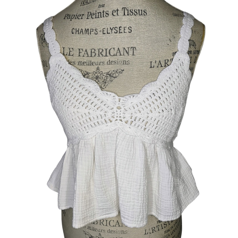 Forever 21 Crochet Flounce Babydoll Cami Top Women Med White Gauzy Festival Boho